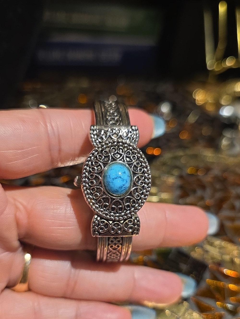 Turquoise Stone Silver-Tone Filigree Cuff Bracelet - Women's Jewelry